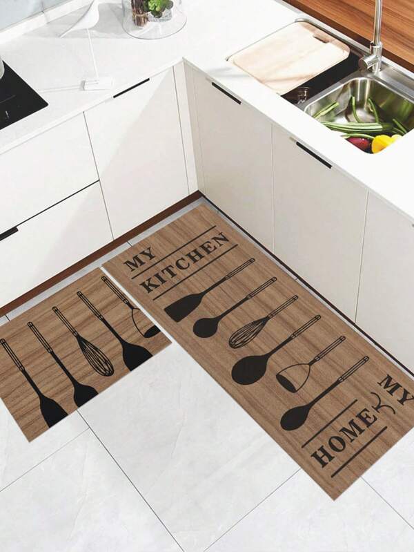 1 pièce Tapis de cuisine en fibre de polyester créative rectangulaire antidérapant durable avec motif d'ustensiles et de vaisselle, tapis d'entrée intérieur / extérieur pour cuisine, salon, chambre à coucher pour la décoration