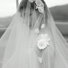 1 件双层蕾丝和珍珠新娘面纱，适合婚礼拍照和仪式秋季女士服装 - 米色 - 查看 6