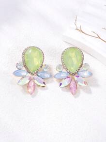 1對串珠鑲鑽迷人女式耳環,時尚派對飾品,節慶禮物 - 黃綠色 - 查看 1