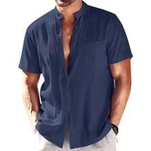 Camisa Guayabera  De Lino De Playa Para Hombre - Azul Marino - Ver 1