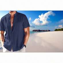 Camisa Guayabera  De Lino De Playa Para Hombre - Azul Marino - Ver 2