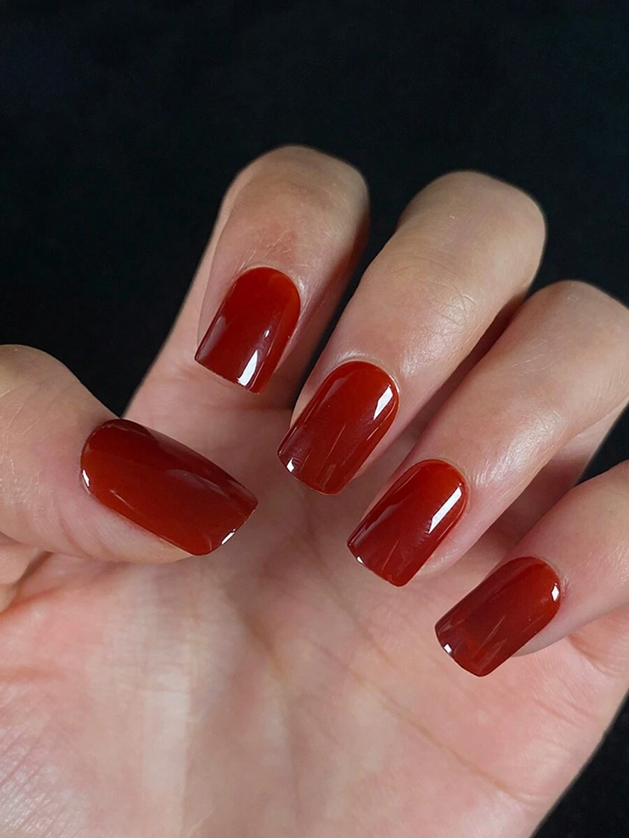 24 件方形簡約風格酒紅色按壓指甲,可重複使用,配有 1 件指甲銼和 1 件果凍膠,適合女士和女孩、日常生活和派對 - 酒紅色 - 查看 1