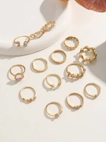 1套14入簡約時尚可疊合合金戒指組,適用於女士晚會或旅行配飾,姊妹禮物 - 金黃色 - 查看 1