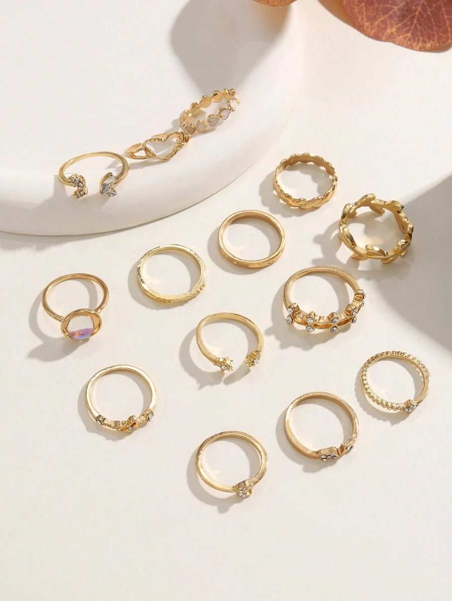 1套14入簡約時尚可疊合合金戒指組,適用於女士晚會或旅行配飾,姊妹禮物 - 金黃色 - 查看 1