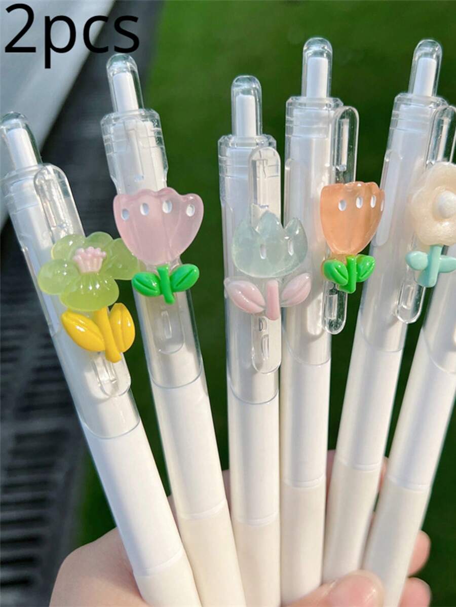 2pcs/Set Cute Flower Design Neutral Pen, Black Ink Kawaii Stationery Gift Writing Tool For School And Office - Multicolor - View 1
