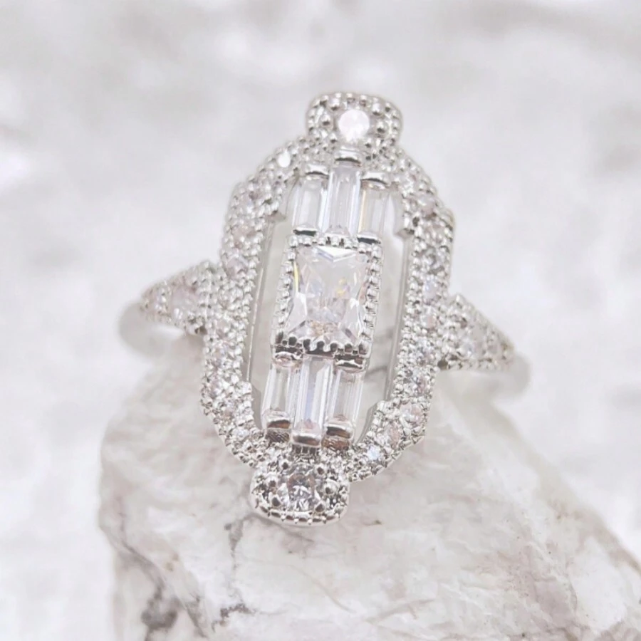 1枚復古風格立方氧化鋯石戒指,適合女性婚禮/訂婚/派對/周年紀念日禮物 - 銀色 - 查看 1