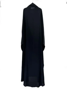 1 件女士纯色 Nida 面料透气柔软宽松舒适长袍，系带设计，方便穿着，祈祷吉尔巴布长袍 - 黑色 - 查看 3