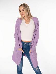 Women's Long Knitted Sweater With Bow - Lilac Purple - View 3