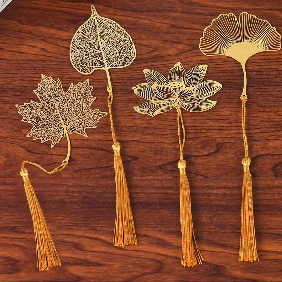 1 件装中国风文具复古金属书签镂空树叶叶脉书签学生礼物 - 金色 - 查看 1