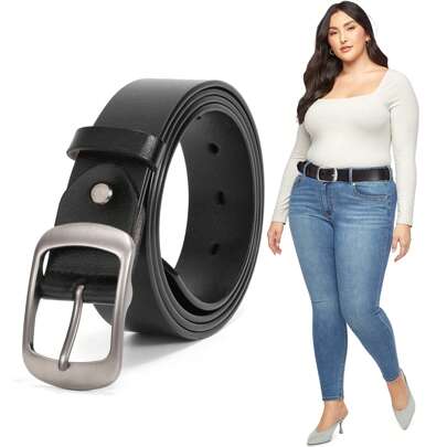 1pc Plus Size Women's Simple Solid Color Faux Leather Belt With Silver Buckle, Suitable For Matching Various Types Of Pants Casual Summer, School Fall, Autumn, Halloween