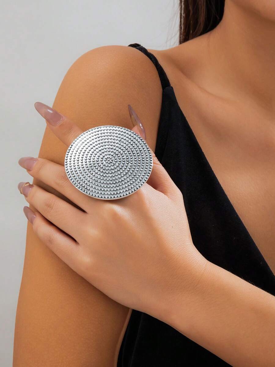 1pc Adjustable Vintage Silver Ring, Fashionable Statement Wide Ring, Large Spiral Circle Ring, Bohemian Style Geometric Ring For Women, Best Gift For Her - Silver - View 1