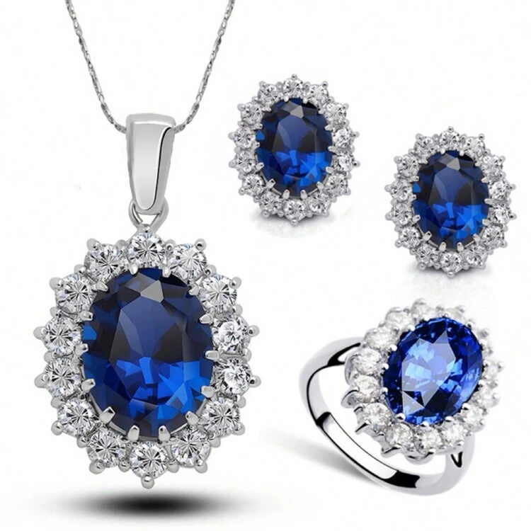 3pcs Set Women s Jewelry Set Including Necklace Earrings And Ring European And American Style Sapphire Jewelry For Duchess Kate Copper With Inlay Elegant And Luxurious Set For Evening Dress And Bridal...