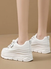 Zapatos Planos Casuales De PU Para Mujeres Con Suela Gruesa, Altura Aumentada Y Resistente Al Desgaste, Estilo Simple, Para Uso De Estudiantes En Otoño