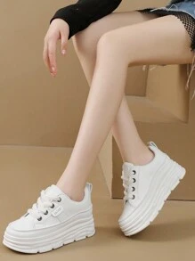 Zapatos Planos Casuales De PU Para Mujeres Con Suela Gruesa, Altura Aumentada Y Resistente Al Desgaste, Estilo Simple, Para Uso De Estudiantes En Otoño