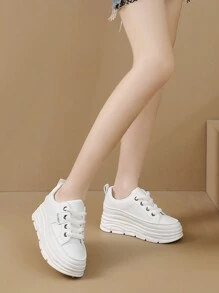 Zapatos Planos Casuales De PU Para Mujeres Con Suela Gruesa, Altura Aumentada Y Resistente Al Desgaste, Estilo Simple, Para Uso De Estudiantes En Otoño
