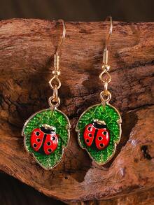 1pair Retro Cute Ladybug & Leaf Painted Design Insect Pendant Earrings, Creative Dangle Earrings For Women - 01 Ladybug - View 6