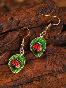1pair Retro Cute Ladybug & Leaf Painted Design Insect Pendant Earrings, Creative Dangle Earrings For Women - 01 Ladybug - View 8