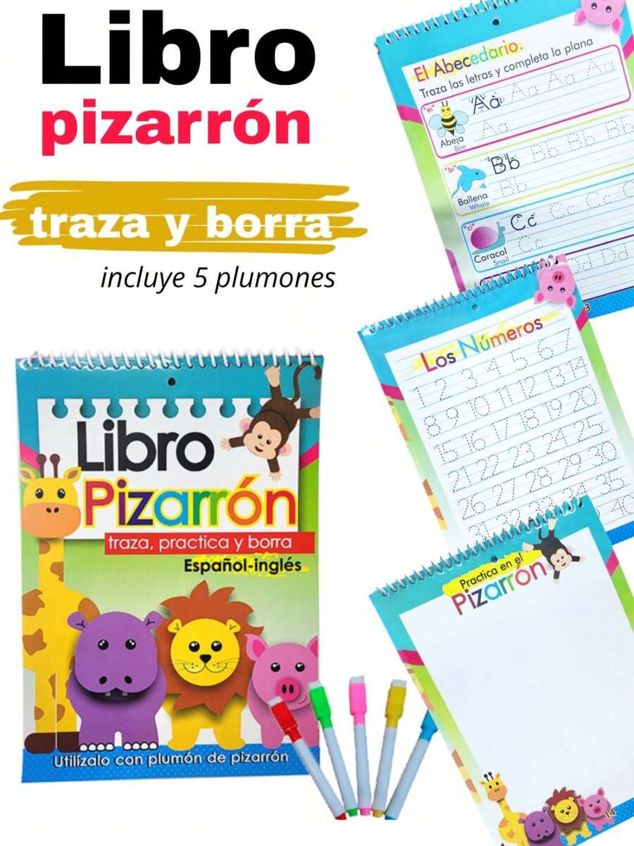 1 pieza pizarrón libro traza y borra abecedario plumones - Multicolor - Ver 1