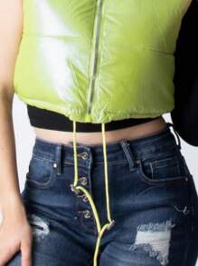 Abrigo Chaleco acolchado con gorro, cremallera corazón y ajustador a la cintura - Verde Lima - Ver 4