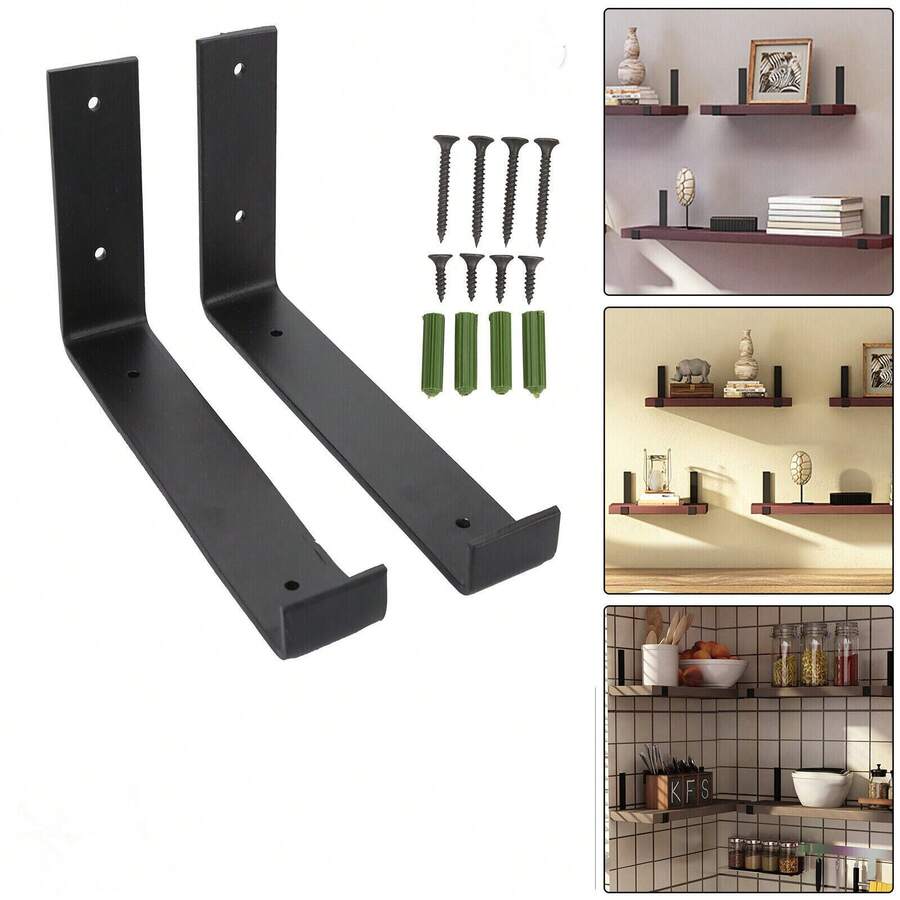2 Rustic Scaffold Board Shelf Bracket Heavy Duty Handmade Industrial Steel Metal - Black - View 1