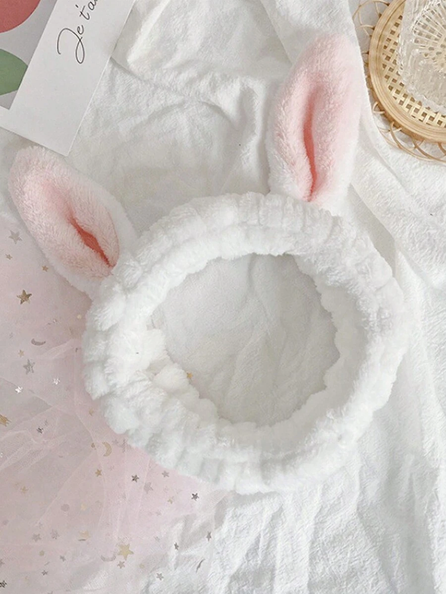 1pc Rabbit Ears Elastic Bath Headband,Cute White Facial Makeup Headband For Women Girls - White - View 1