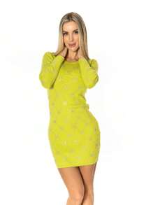 Vestido Ajustado Brillos de Corazones - Verde Lima - Ver 1