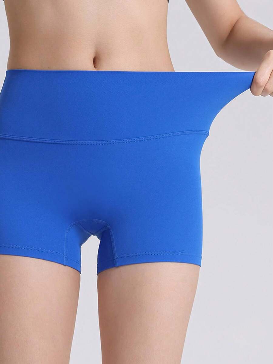 縫合無痕瑜伽高腰裸感緊身短褲,帶有桃子臀設計 - 寶藍色 - 查看 1