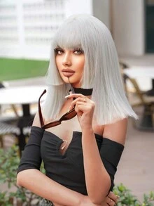 1-Piece Synthetic Heat-Resistant Wig In Silver-White Color With Princess Cut Short Hair And Bangs,16 Inches Long, Fully Machine-Woven, Natural And Realistic Short Straight Wig. - Silver - View 4