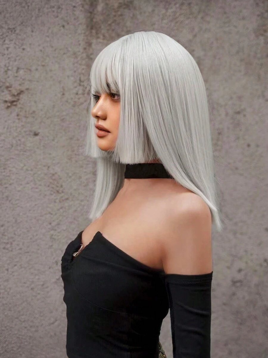 1-Piece Synthetic Heat-Resistant Wig In Silver-White Color With Princess Cut Short Hair And Bangs,16 Inches Long, Fully Machine-Woven, Natural And Realistic Short Straight Wig. - Silver - View 1