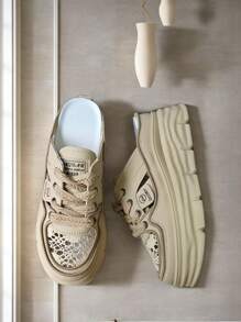 Platform Shoes Outdoor Leisure Half Slippers Hollow And Breathable Woman's Shoes - Khaki - View 1