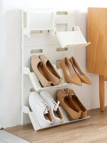 1pc Home Use Foldable Vertical Shoe Rack Without Drilling, Easy Assembly, Suitable For Entrance And Bathroom, Wall-Mounted Slippers Storage Rack - White - View 2