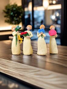 4入情人節主題樹脂藝術裝飾雕像,帶有花束和木雕靈感設計 - 彩色 - 查看 2