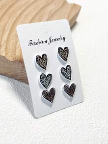 3對/套豹紋收縮心形耳釘套裝,情人節專用,女士動物印花耳環