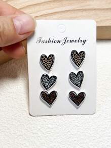 3對/套豹紋收縮心形耳釘套裝,情人節專用,女士動物印花耳環