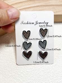 3對/套豹紋收縮心形耳釘套裝,情人節專用,女士動物印花耳環