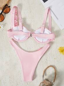 Bikinx Bikini nữ màu trơn có gọng với họa tiết hoa 3D, bikini xẻ tà gợi cảm, thích hợp cho kỳ nghỉ hè trên bãi biển, màu hồng. - Hồng - Xem 3