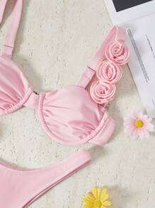 Bikinx Bikini nữ màu trơn có gọng với họa tiết hoa 3D, bikini xẻ tà gợi cảm, thích hợp cho kỳ nghỉ hè trên bãi biển, màu hồng. - Hồng - Xem 4