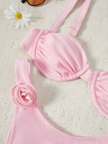 Bikinx Bikini nữ màu trơn có gọng với họa tiết hoa 3D, bikini xẻ tà gợi cảm, thích hợp cho kỳ nghỉ hè trên bãi biển, màu hồng. - Hồng - Xem 5