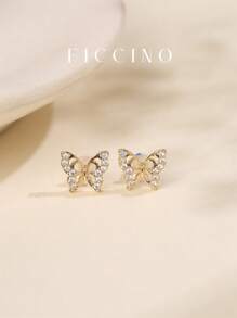 FICCINO Aretes de mariposa calados para mujer FICCINO, chapados en oro con circonita cúbica, elegantes para uso diario, aniversario, regalo festivo, con estuche para joyería