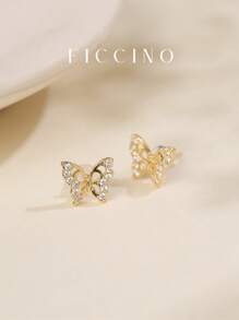 FICCINO Aretes de mariposa calados para mujer FICCINO, chapados en oro con circonita cúbica, elegantes para uso diario, aniversario, regalo festivo, con estuche para joyería