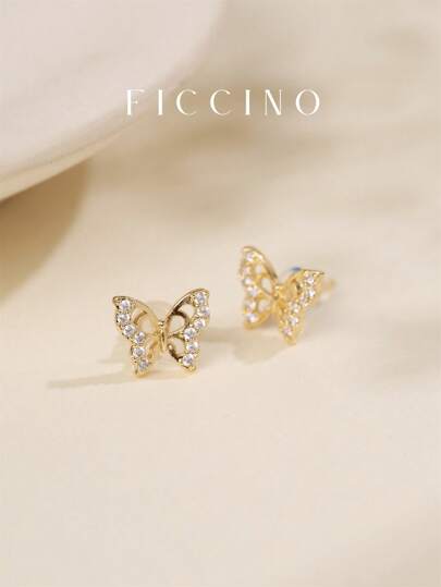  FICCINO Women Hollow Butterfly Stud Earrings, Gold-Plated With Cubic Zirconia, Elegant Daily, Anniversary, Holiday Gift, With Jewelry Box