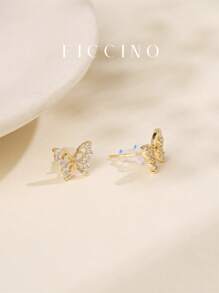 FICCINO Aretes de mariposa calados para mujer FICCINO, chapados en oro con circonita cúbica, elegantes para uso diario, aniversario, regalo festivo, con estuche para joyería