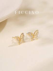FICCINO Aretes de mariposa calados para mujer FICCINO, chapados en oro con circonita cúbica, elegantes para uso diario, aniversario, regalo festivo, con estuche para joyería