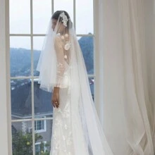 1 件双层蕾丝和珍珠新娘面纱，适合婚礼拍照和仪式秋季女士服装 - 米色 - 查看 1