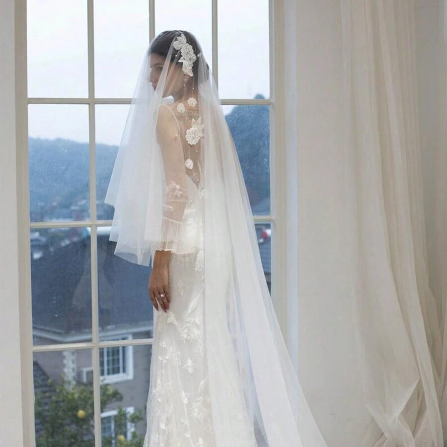 1 件双层蕾丝和珍珠新娘面纱，适合婚礼拍照和仪式秋季女士服装 - 米色 - 查看 1