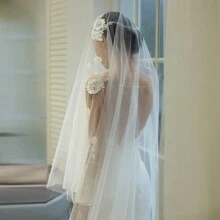 1 件双层蕾丝和珍珠新娘面纱，适合婚礼拍照和仪式秋季女士服装 - 米色 - 查看 4