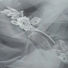 1 件双层蕾丝和珍珠新娘面纱，适合婚礼拍照和仪式秋季女士服装 - 米色 - 查看 11