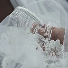 1 件双层蕾丝和珍珠新娘面纱，适合婚礼拍照和仪式秋季女士服装 - 米色 - 查看 10