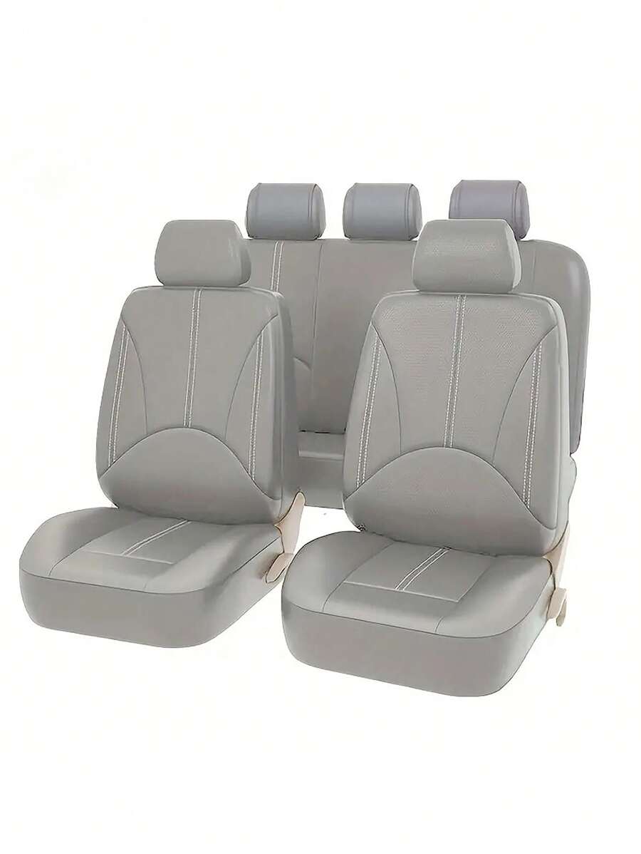 5人坐全套汽車坐墊套,灰色pu皮革適用於皮革汽車、皮卡、suv全季節 - 灰色 - 查看 1