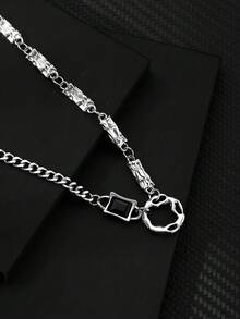 1 件不锈钢不对称镂空吊坠方形水晶镶嵌个性男士项链 - 彩色 - 查看 1